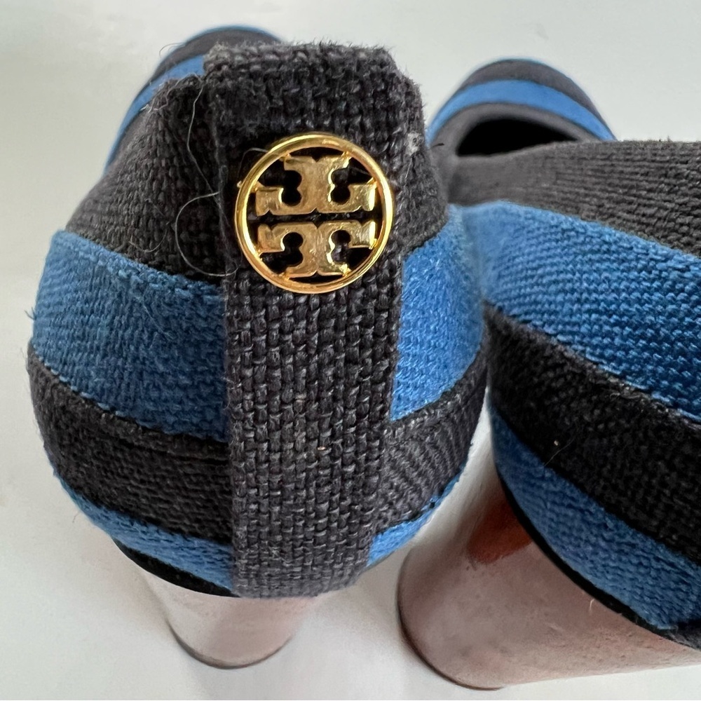 Tory Burch Joelle Blue Striped Wood Platform Wood Heel Fabric Pumps - Picture 6 of 15